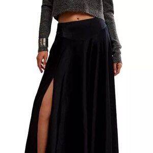 NWT Free People Chilco Side Slit Black Satin Maxi Skirt